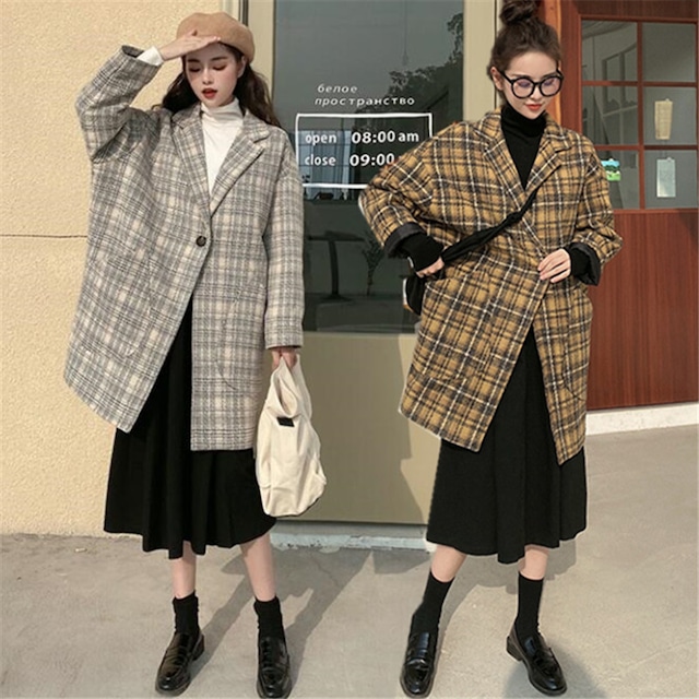 【冬セール♡チェスターコート ロング丈】 チェック柄 レディース 春物 ゆったり 体系カバー XL～XXXXL ラシャコート送料無料