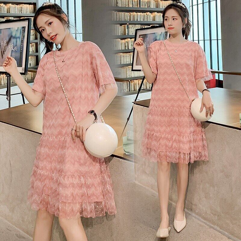 【新作】【送料無料】 マタニティコットンパッチワークフェアリーメッシュマタニティドレス半袖Oネック妊婦ポルカドットフリル裏地付きドレス ショート ハーフスリーブ ラッフル AL expec34256240995