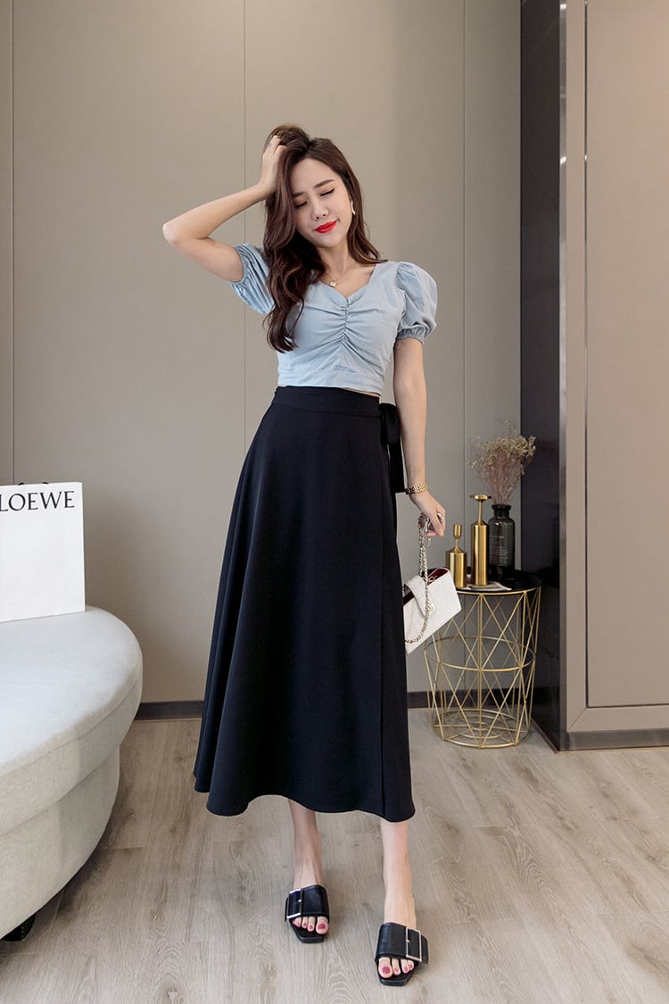 ブラック フレアスカート リボン Lサイズ さえら 黒 リボン付き フレア