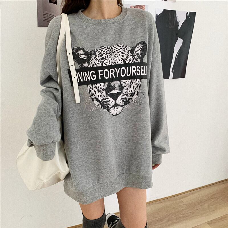 insトレンディなレイジーグレープリントルーズ長袖セーターレディース2020秋新ミドル丈トップス ブラックストロベリース28336042640