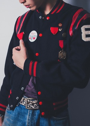 1980's vintage pin-badge custom leather switching stadium jacket "made in USA"
