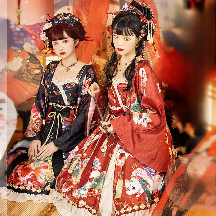 SEASONZ 和ロリ 和装 ワンピース 艶やか 豪華絢爛 花魁風 ワイン