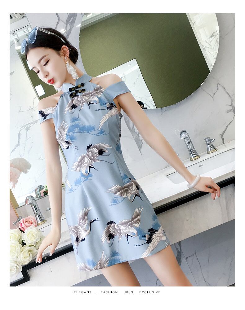 着せ恋 千種 チャイナ風ワンピースver. キャラファイングラフオーバーレイ チャイナ風ワンピース オフショルダー シフォン アニマル 鶴柄