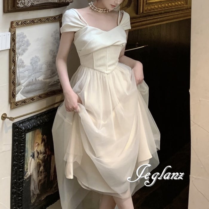 パーティドレス フレンチ袖 ワンピース 切替 チュール シアー感( M6294)ζ