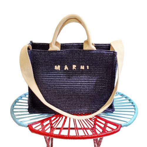 MARNI ネイビーラフィアエフェクト スモールトートバッグ MARNI ネイビーラフィアエフェクト スモールトートバッグ