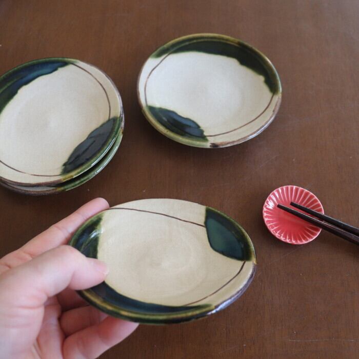 瀬戸赤津焼 拝戸窯稲山 小皿 両織部 SetoAkazu-yaki Plate 11cm #474