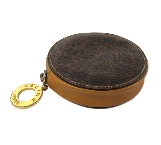CELINE / セリーヌマカダム柄 PVC×レザー サークルロゴ ジップ 丸型 ラウンド コインケース 小銭入れ