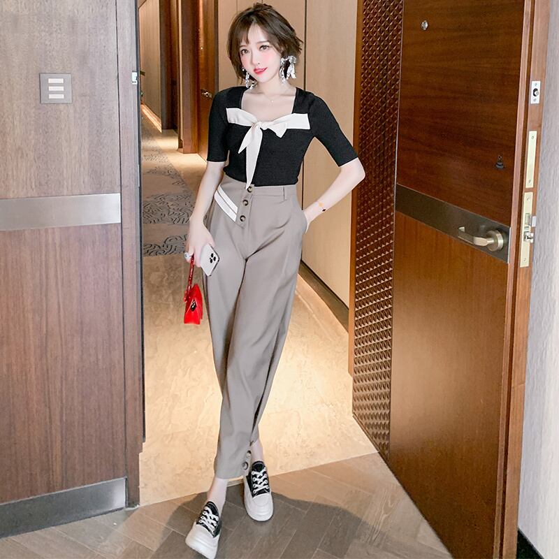 リボンスリムニットシャツ ハイウェストウェストカジュアルパンツ スプリングサマー 春物 夏物 MIUCO55633310554