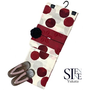 浴衣ジェンヌ 浴衣5点セット 生成りに赤と淡いピンクのぼかしドット柄