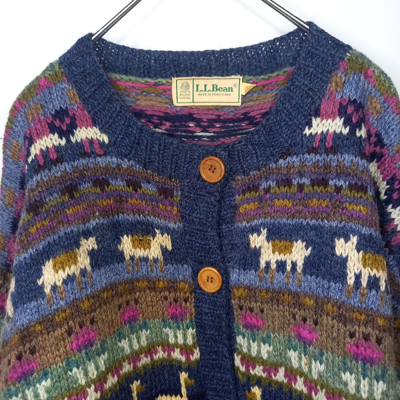 90s　エルエルビーン　カーディガン　ニット　セーター　アニマル柄　ネイビー　M
