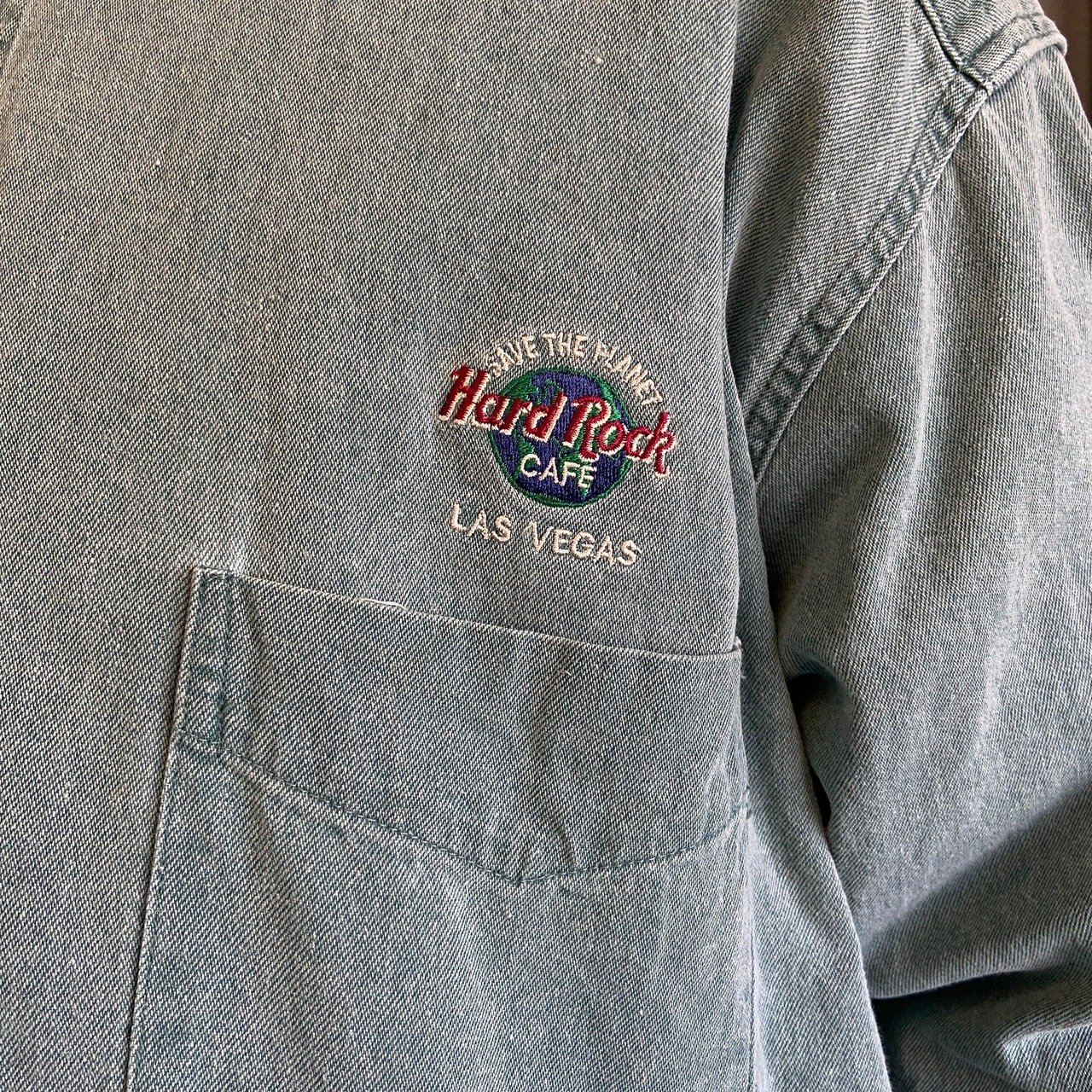 90年代 ハードロックカフェ 企業ロゴ刺繍 カラーデニムシャツ メンズL 