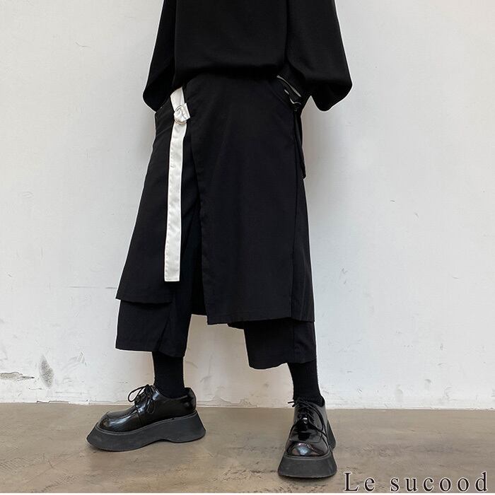 【Le sucood】【お支払い確認後20日以内発送】ホワイトベルトフェイクラップ袴パンツ ラップパンツ クロップドパンツ 袴パンツ ワイドパンツ オーバーサイズ 七分丈 半端丈 ゆったり ガウチョパンツ スカンツ サルエルパンツ タイパンツ アラジンパンツ メンズ モード系 ストリート 原宿系