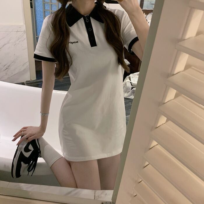 カラースリムホワイト半袖スリーブドレス スカート サマー ショート ハーフスリーブ 夏物 ドラファッションホール67900172382