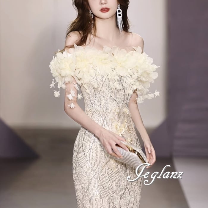 3色 パーティ イブニングドレス 立体フラワー オフショル 光沢感(M8525)ζ