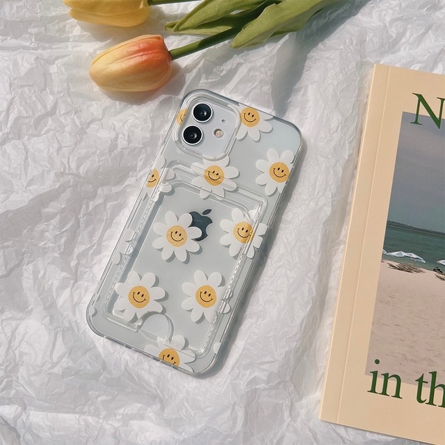 Smile flower design card pocket clear iphone case