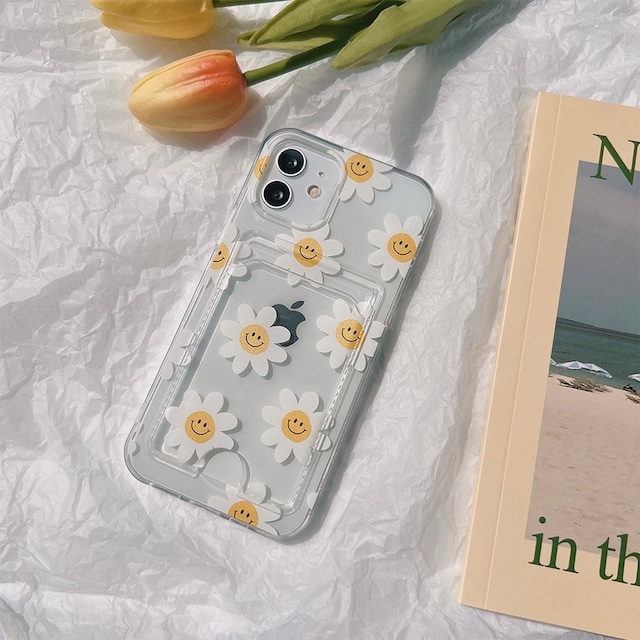 Smile flower design card pocket clear iphone case