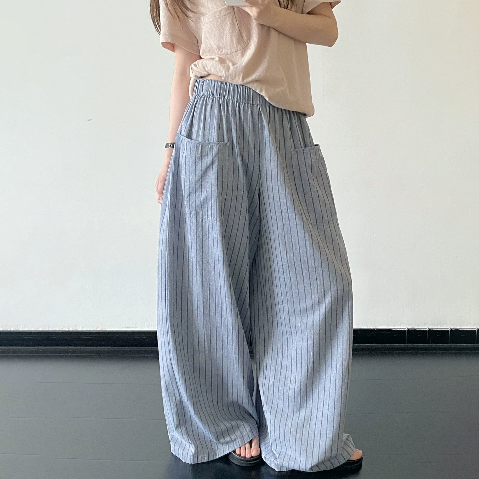 front pocket stripe wide pants 14488