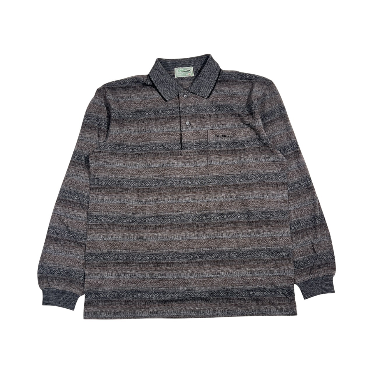 Crocodile クロコダイル ボーダー 総柄 長袖 ポロシャツ M/ブラウン グレー系 メンズ