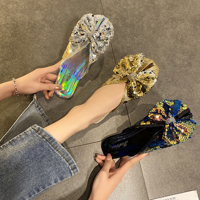 包頭ハーフスリッパ女性は夏2020新しいファッション野生のスパンコールフラットボトム妖精風女性サンダルドラッグを着用します 部族の婦人靴7225980