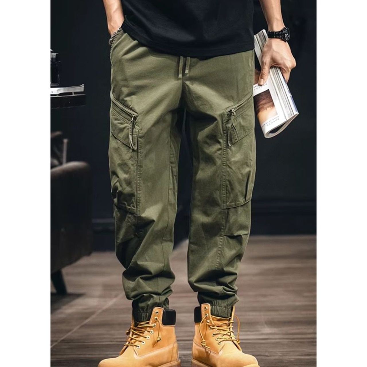 Tapered silhouette drawcord waist elastic cargo pants ◇3color H0337