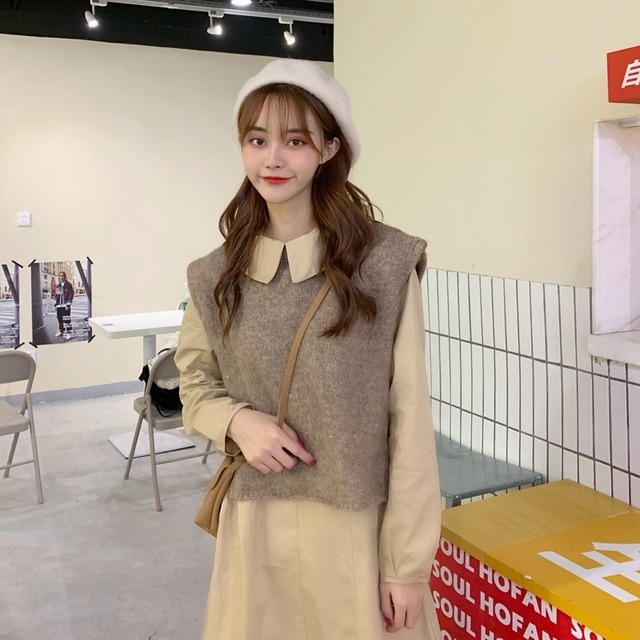 送料無料 ニットベストワンピセット セット ニット ワンピース 秋冬 シャツワンピ 襟 ２点セット ベスト ノースリーブベスト おしゃれ チュニック 長袖シャツ Ingenuity