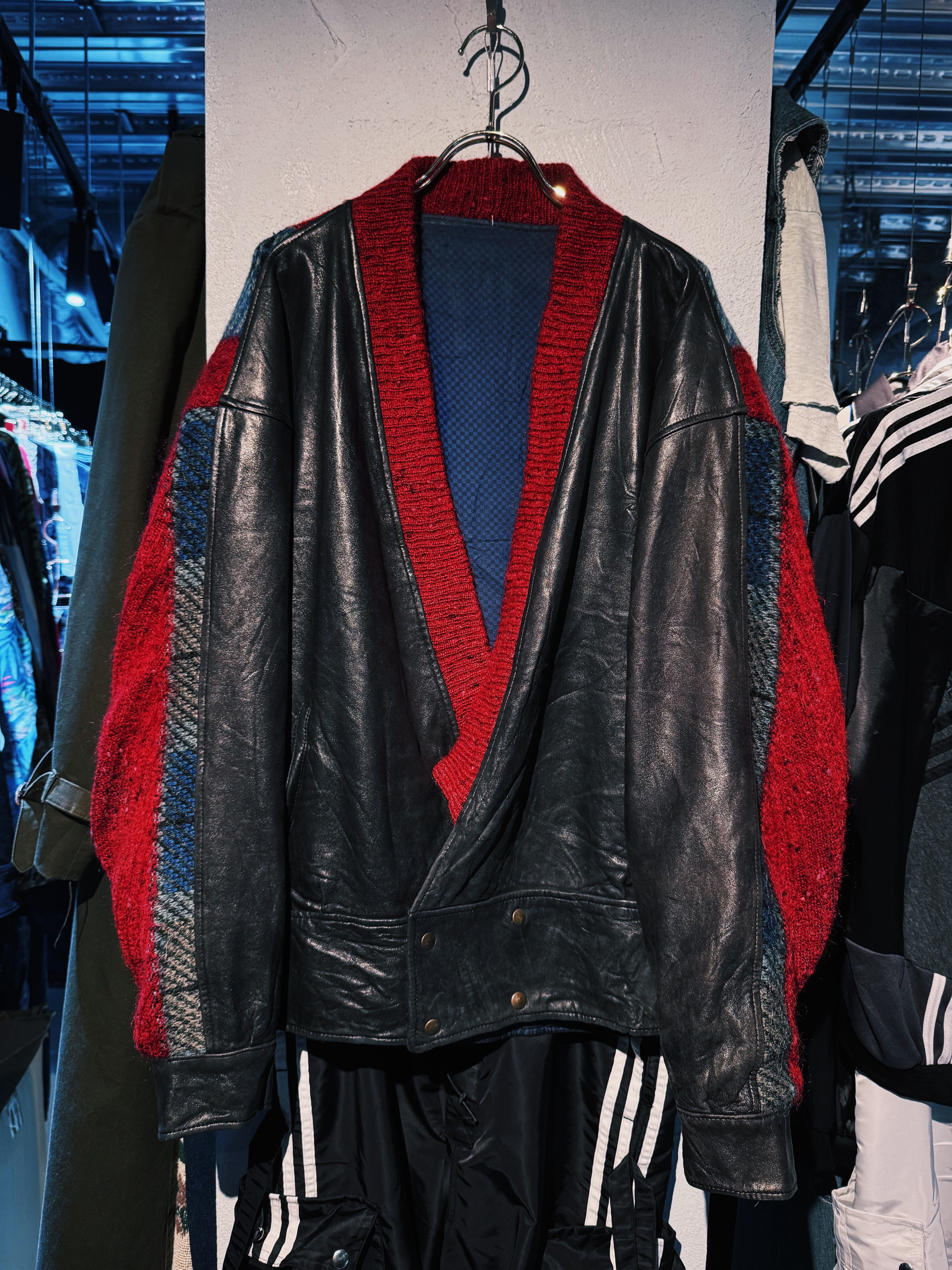 【D4C】"Euro vintage" RED wool collor switching design double breast leather cardigan