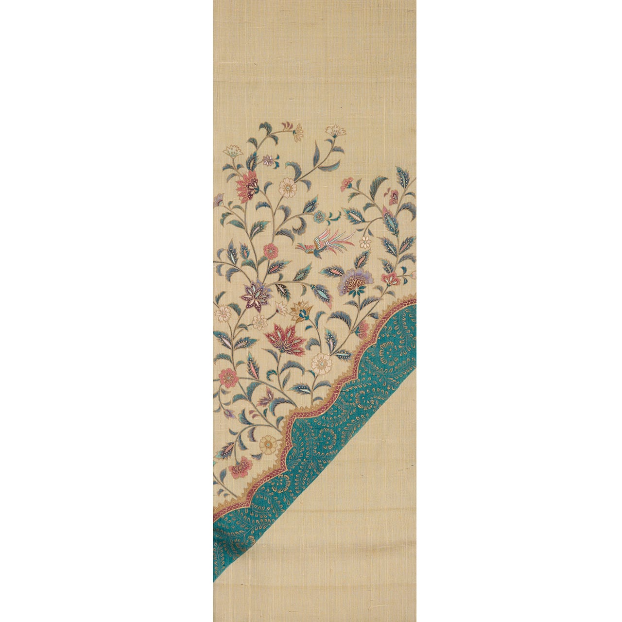 607mn73◆更紗 型絵染 名古屋帯 花唐草◆美品 唐花模様 金更紗に手刺繍 袋帯 【中古】 | かわの屋