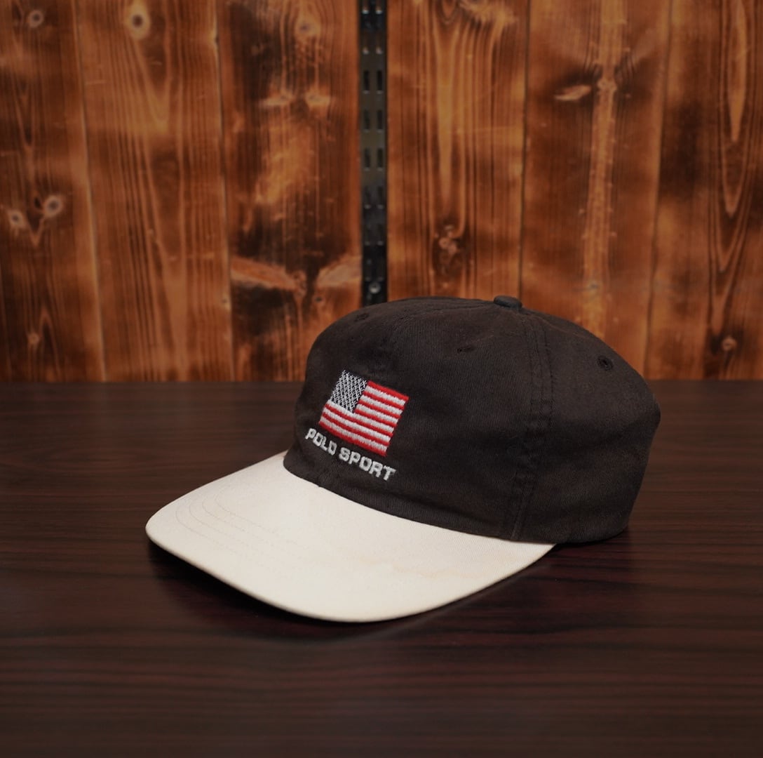 90s polosport ralphlauren キャップ/星条旗 黒 白 ブラック ポロスポーツ ラルフローレン 帽子
