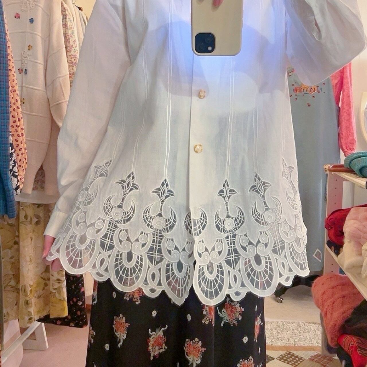 gold button hem lace blouse