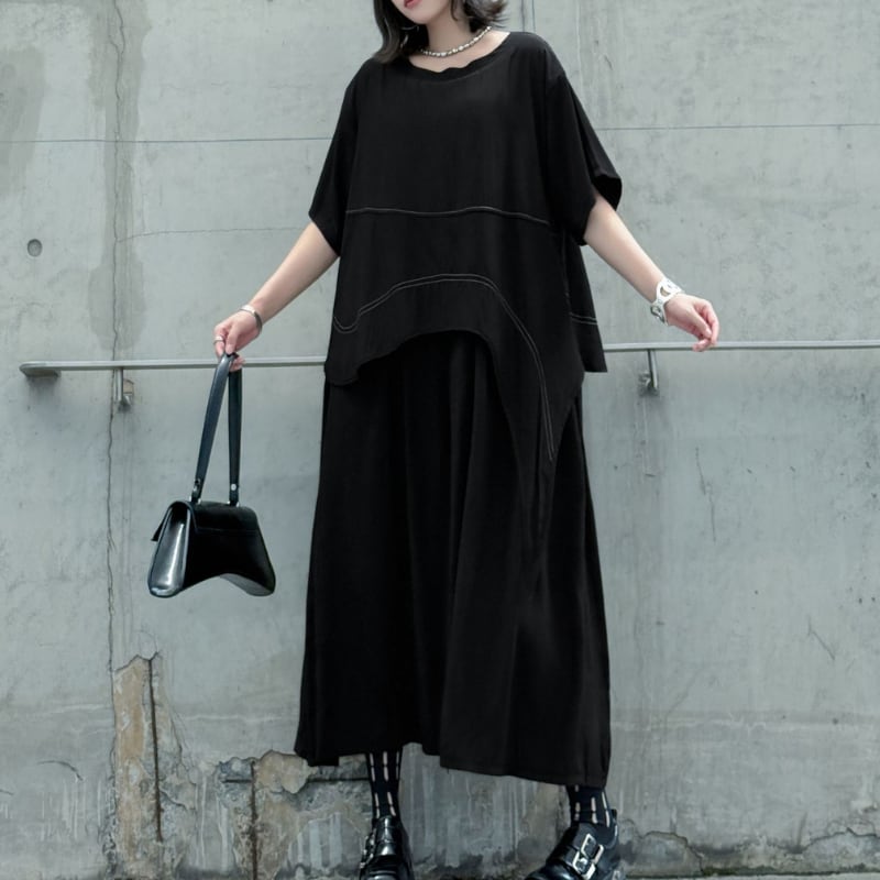 アシンメトリーデザイン Aラインシルエット ボートネック 半袖 ドッキングワンピース 1color ON0921