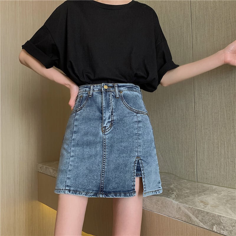 価格は安く スカート デニム ハイウェストデニムAラインミニスカート