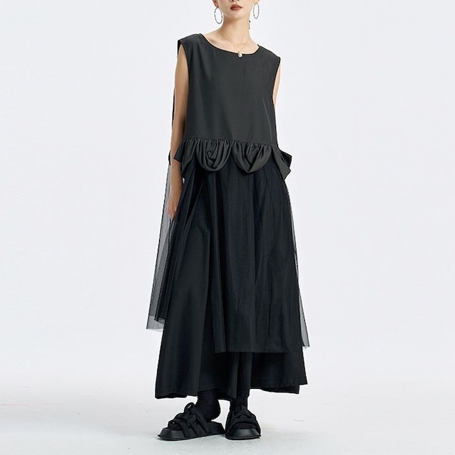 MESH PANEL RUFFLED SLEEVELESS LOOSE MIDI DRESS M-17767