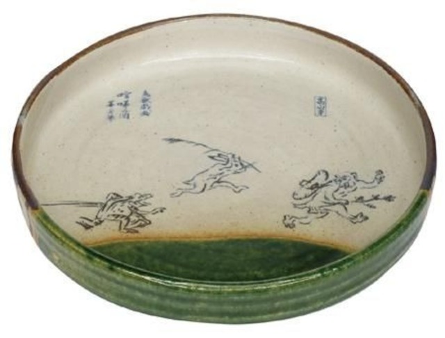 鳥獣戯画 織部7寸平鉢(喧嘩の図）