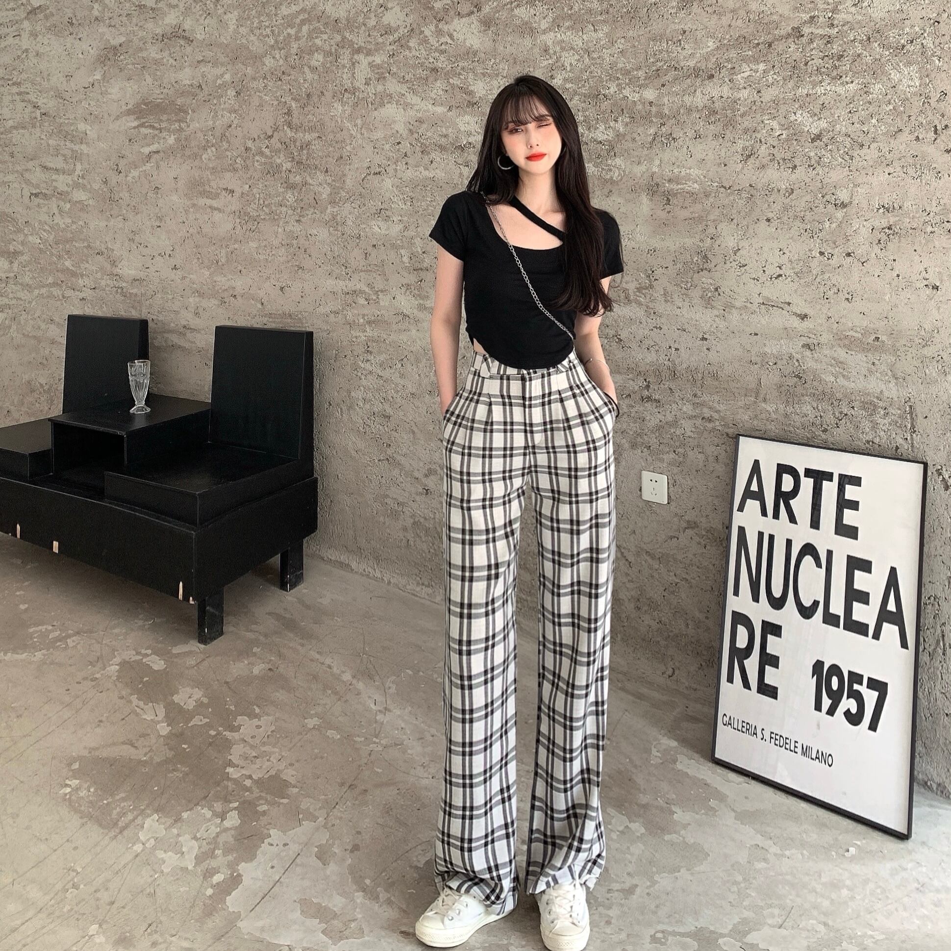 半袖スリーブTシャツ 格子柄ワイドレッグパンツ ウェスト ショート ハーフスリーブ ワイドパンツ ドラファッションホール33362796355