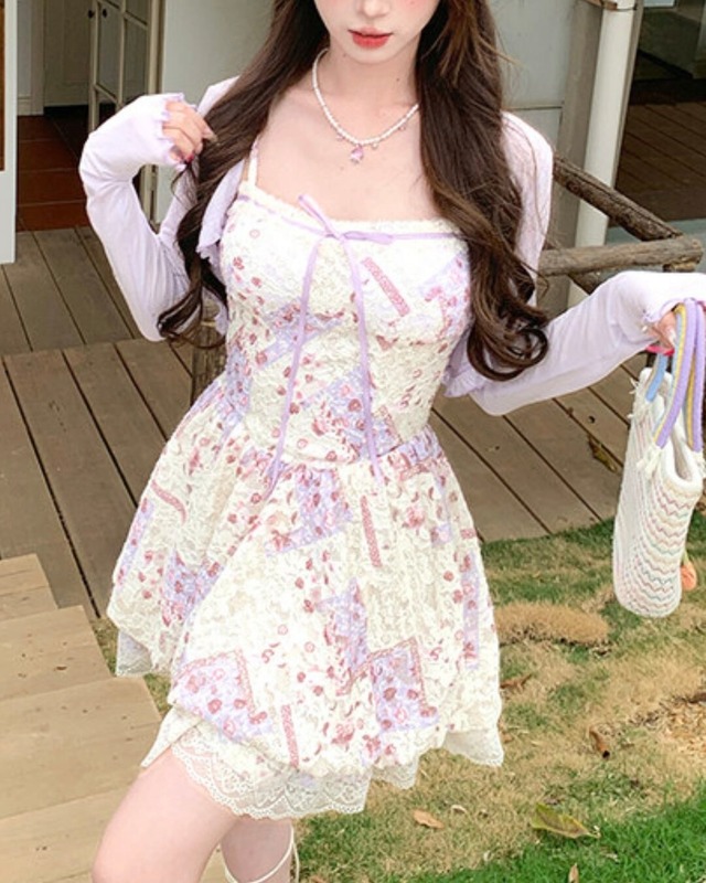 パープルフラワーバルーンワンピース＆カーディガンセット 2508514