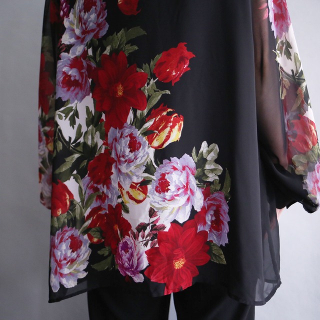 flower art graphic see-through fry-front loose shirt