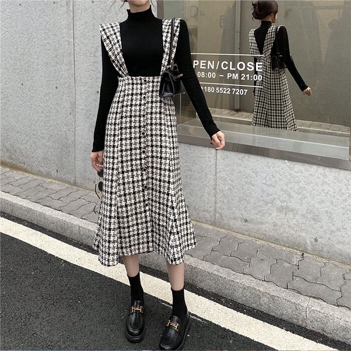 2点セット ワンピース カットソー チェック柄 ストラップフリル サロペット風 ジャンパースカート Qrea Style プチプラ 韓国ファッション