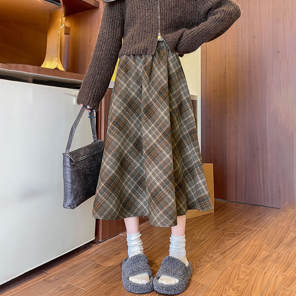 フレアスカート チェック柄 ロング レディース 秋冬 韓国 きれいめ 大人 かわいい おしゃれ Aライン ハイウエスト ウエストゴム フェミニン 通勤 通学 上品 大人可愛い 大人女子