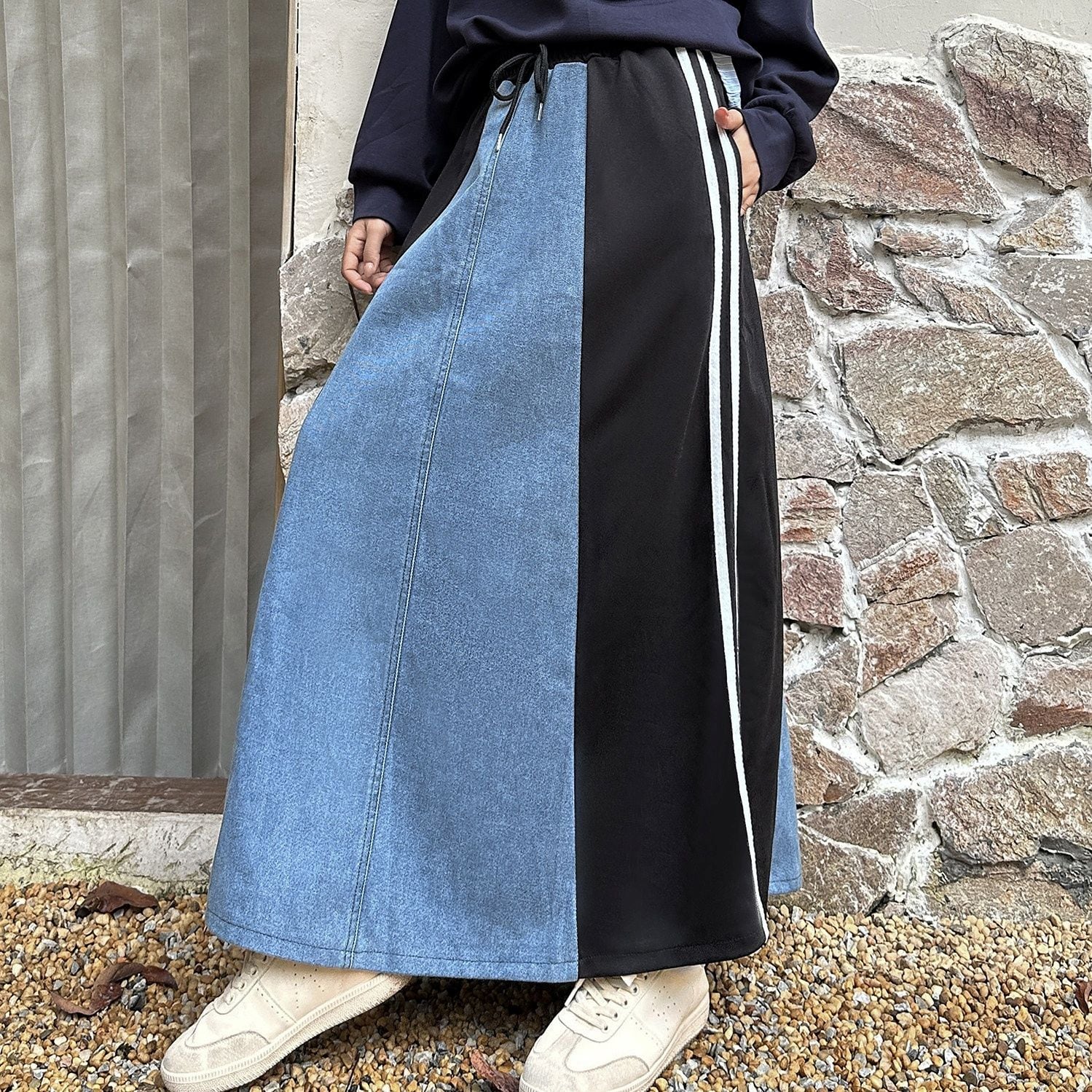 CONTRAST PANEL STRIPED A-LINE MAXI SKIRT M-18481