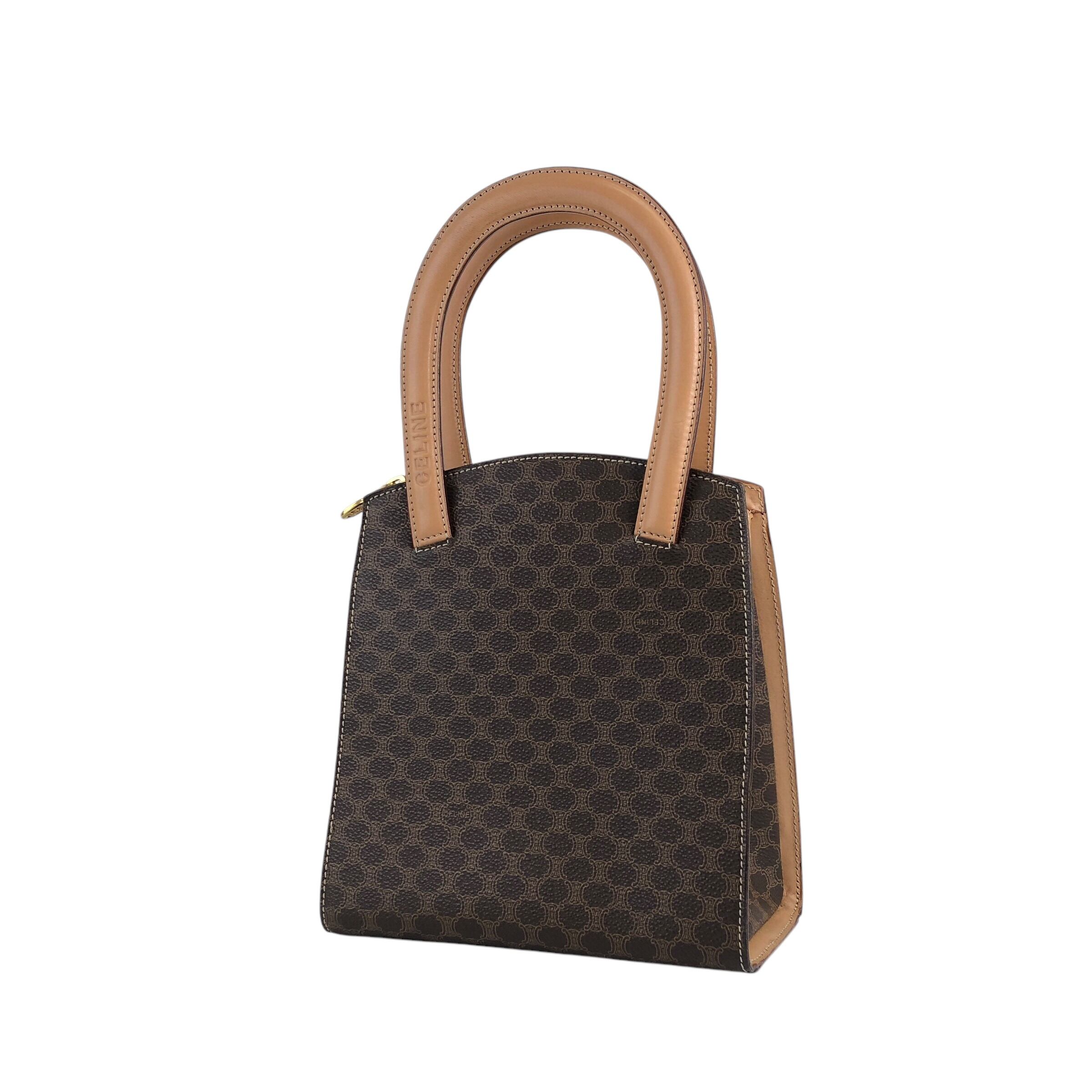 CELINE マカダム柄 ハンドバッグ ブラウン レザー PVC ヴィンテージ CELINE セリーヌ マカダム ハンドバッグ ブラウン ロゴ PVCレザー