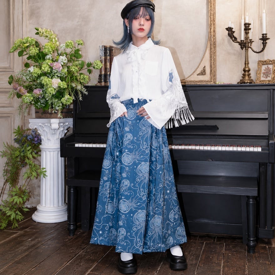深海を漂う涙水母 クラゲ花柄ドロスト中華ゴシックバルーンスカート