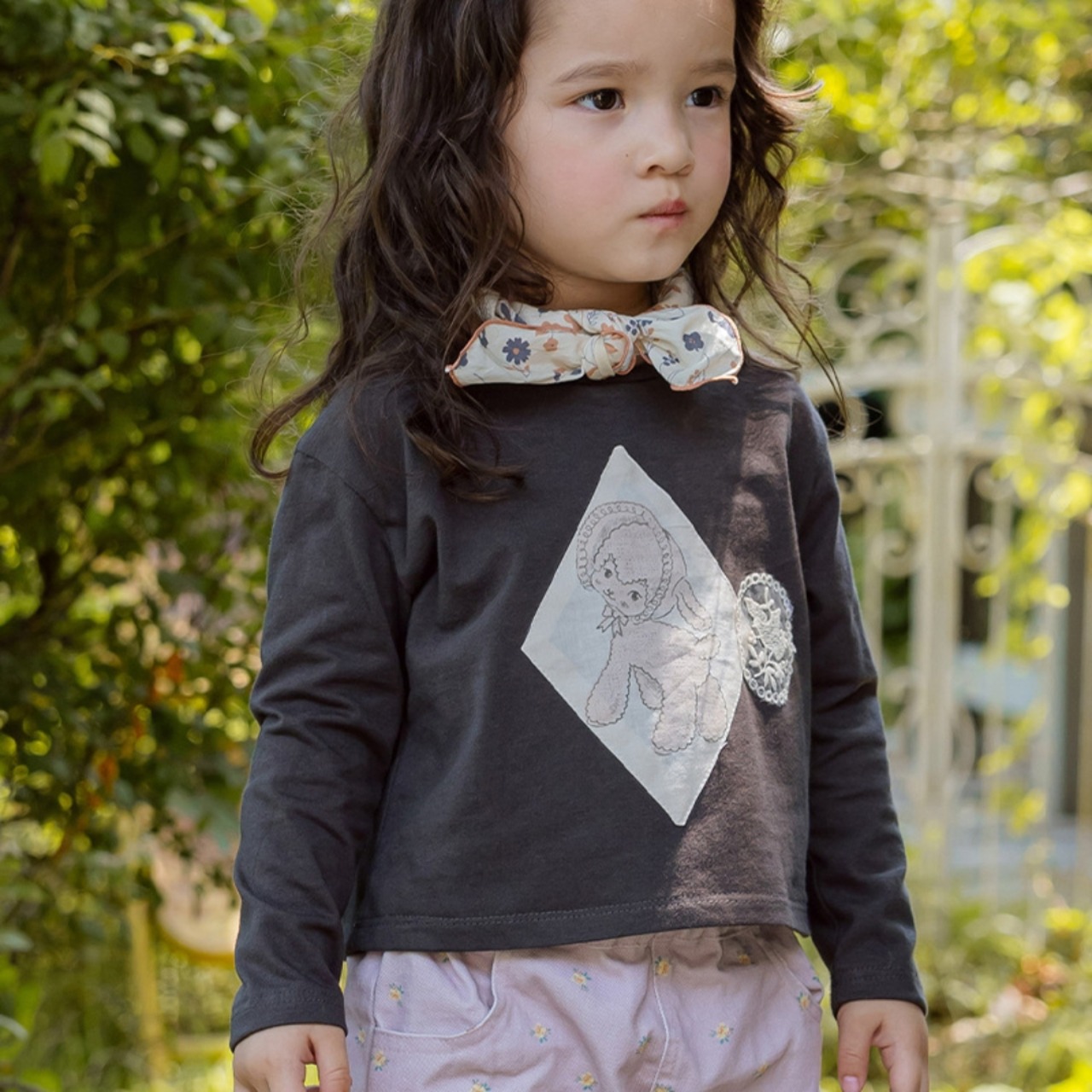 春コヒツジレースワッペンショート長袖Tシャツ