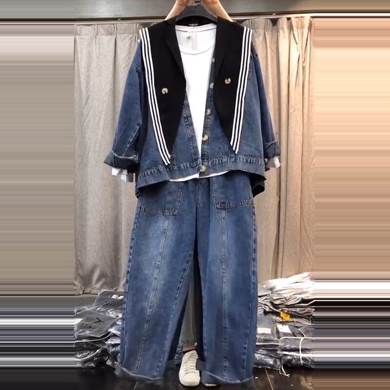 プラスサイズの女性の2020年秋新しいファットシスターmmスリムコートカーディガン年齢を減らしたウエスタンスタイルのデニムパンツ ミックスインファッション16603486833