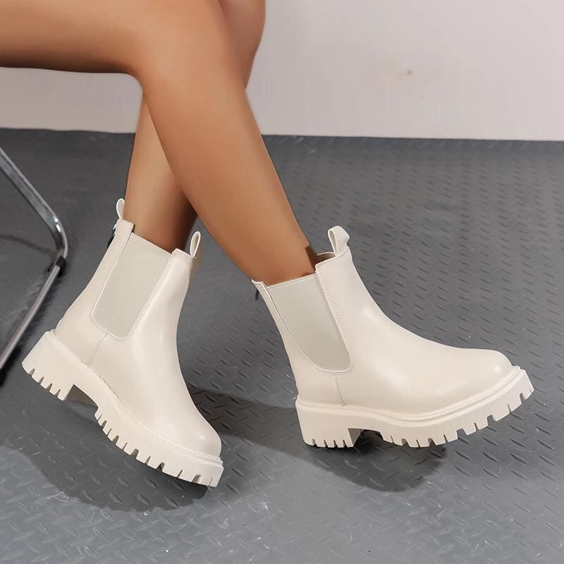 女性のためのイミテーションレザーの厚底ブーツ,レトロな丸いつま先のブーツ,足首のブーツ,プラットフォーム,バックジッパー,ショートブーツ,2023