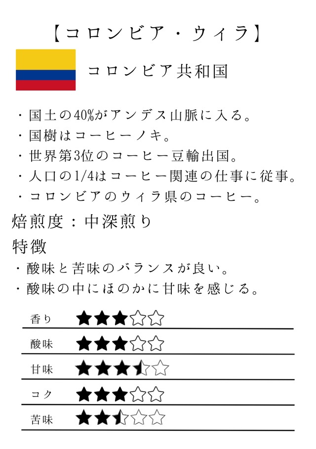 【全国発送】コロンビア・ウィラ（中煎り）100g