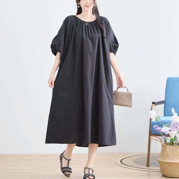 ワンピース ギャザーネック Aライン コットン N83-120 ブラック TRUBE ミセス L LL fmsd ゆったり 体型カバー 大人カジュアル きれいめ 半袖 上品 ミセス 春夏