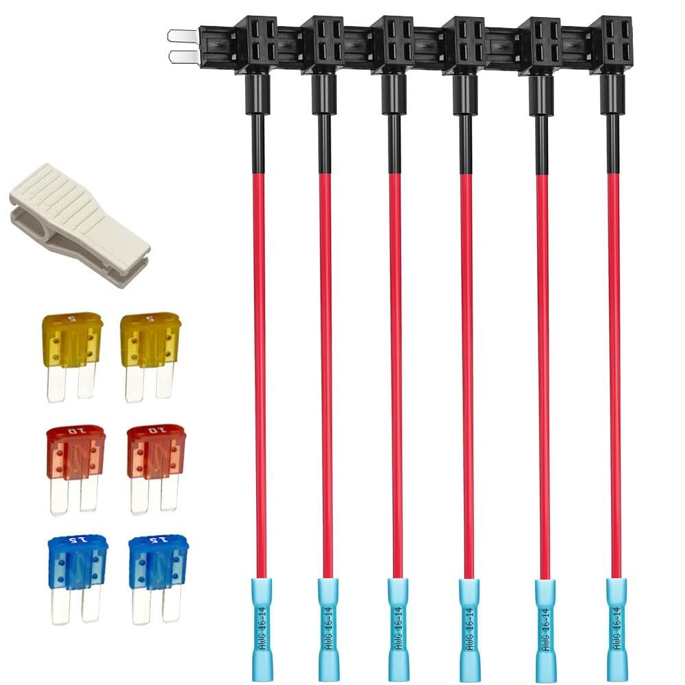 KILIGEN 6個の12V 24V回路追加マイクロ2ヒューズタップ、熱収縮端子付き、ピギーバックブレードヒューズホルダー、ワイヤーハーネス付き、6個のマイクロ2ヒューズ(5A/10A/15A)およびヒューズプラー