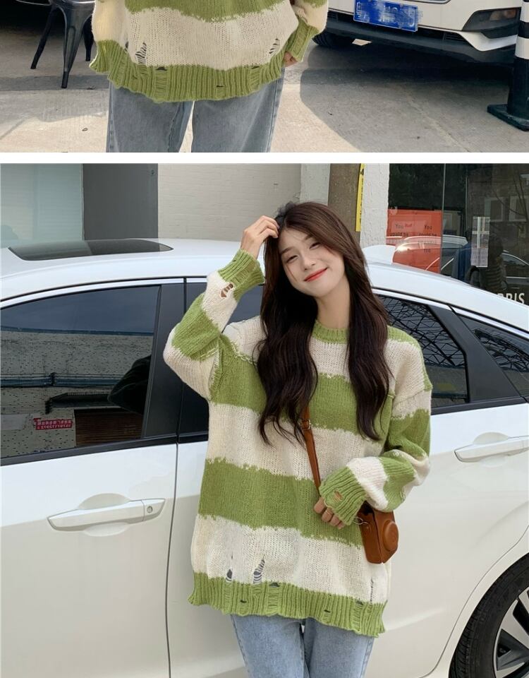 ストライプセーター レディースオータムウィンタートップス ルーズ ロング 秋物 冬物 萌量不足60778312096