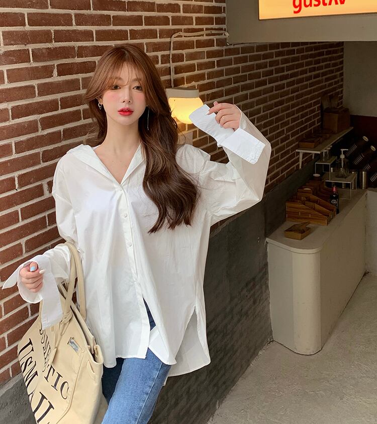 シャツ ルーズスプリングホワイトトップス ロング 春物 ブラックストロベリース12648592870