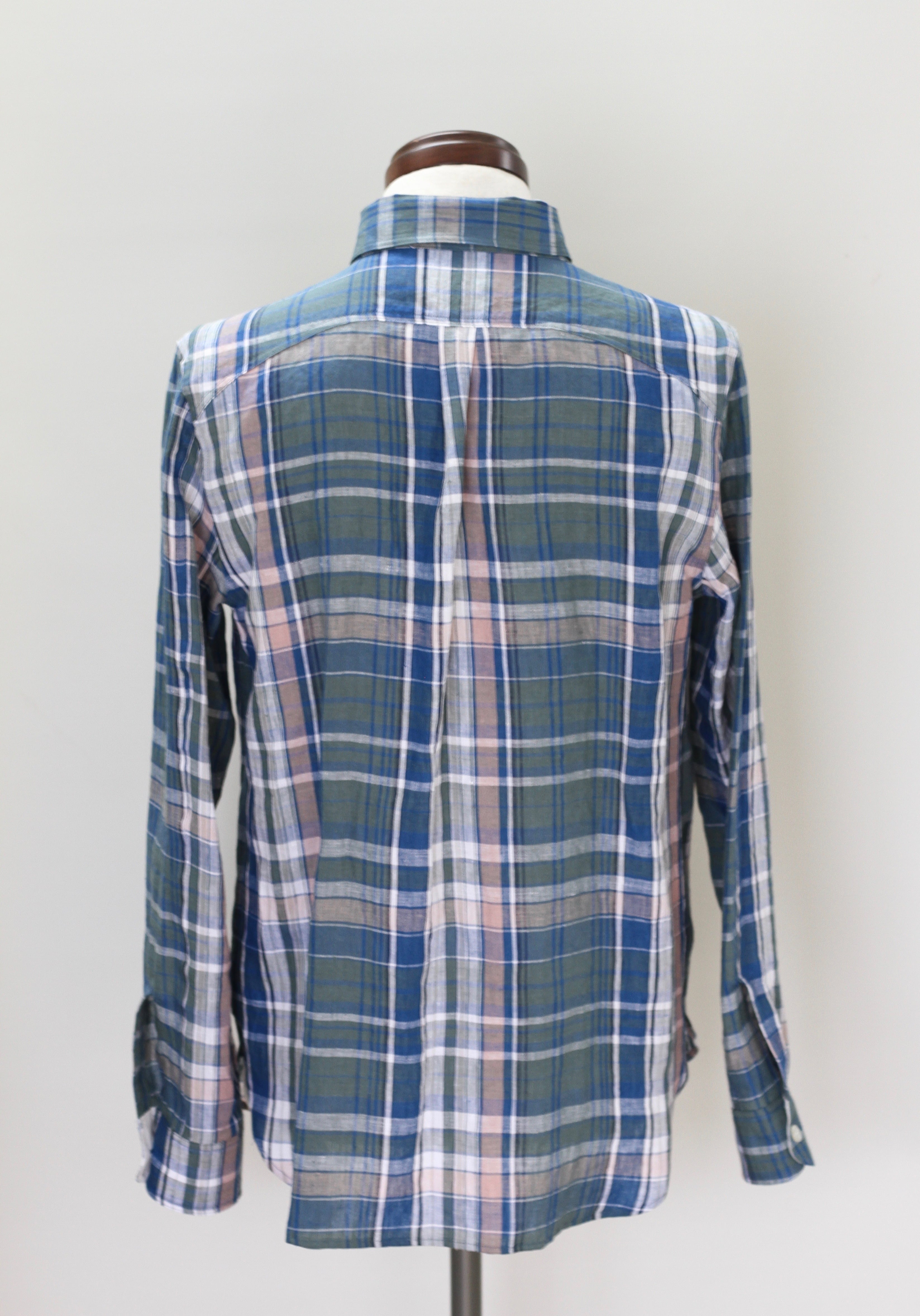 フレンチリネン タータンチェックシャツ （ブルーグリーン